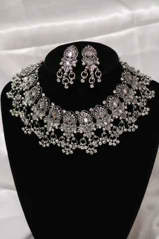 Oxidised Silver-toned Afghani Turkish Choker Necklace & Earring Set