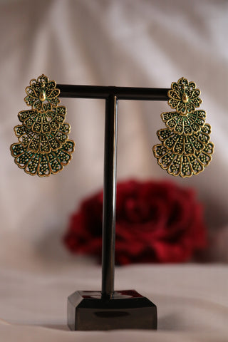 Green Toned 3-Layer Peacock Earrings – Elegant Ethnic Statement Jewelry