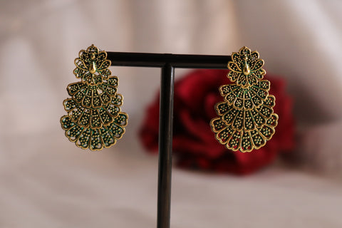 Green Toned 3-Layer Peacock Earrings – Elegant Ethnic Statement Jewelry