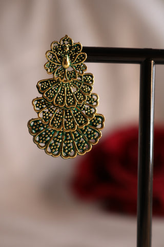Green Toned 3-Layer Peacock Earrings – Elegant Ethnic Statement Jewelry