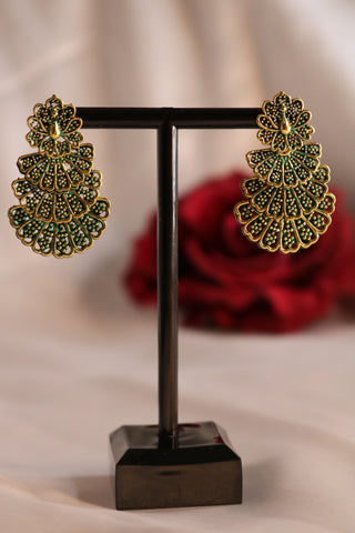 Green Toned 3-Layer Peacock Earrings – Elegant Ethnic Statement Jewelry