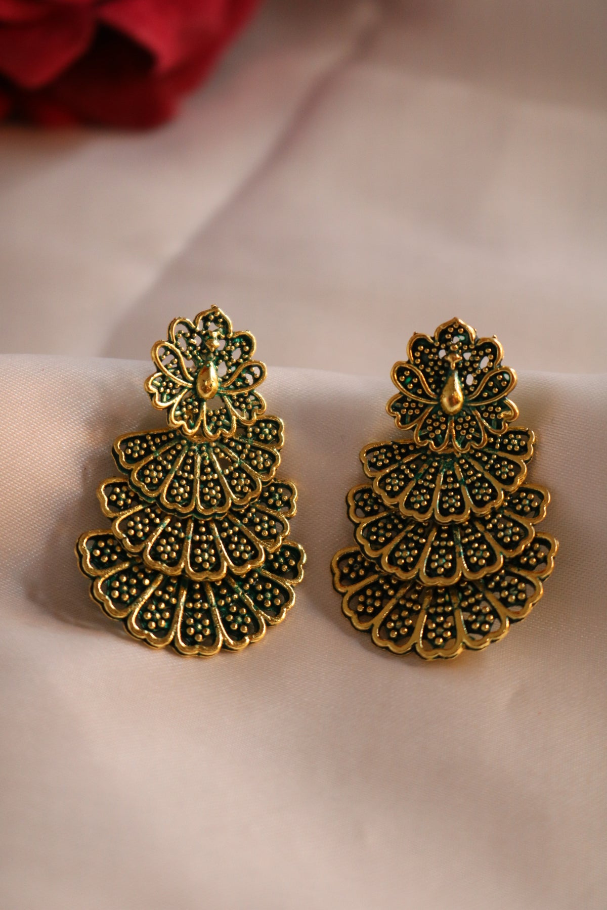 Green Toned 3-Layer Peacock Earrings – Elegant Ethnic Statement Jewelry