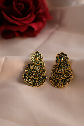 Green Toned 3-Layer Peacock Earrings – Elegant Ethnic Statement Jewelry