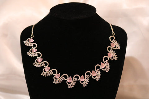 Pink Stone Designer Statement Necklace – Silver Plated AD Necklace Set | CZ Jewelry