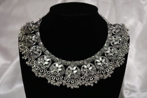 Tribal Oxidized Silver Afghani Turkish Choker Necklace & Earring Set