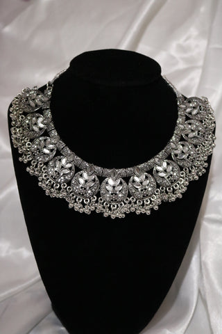Tribal Oxidized Silver Afghani Turkish Choker Necklace & Earring Set