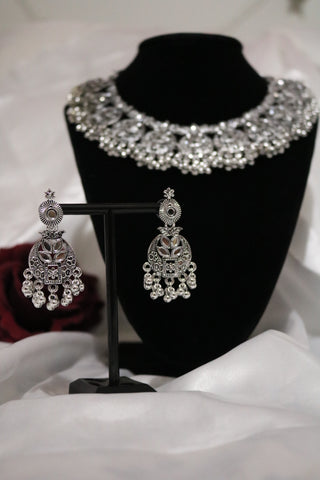 Tribal Oxidized Silver Afghani Turkish Choker Necklace & Earring Set