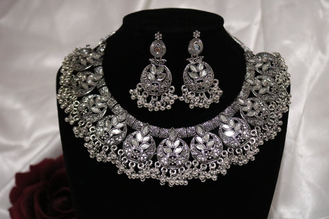 Tribal Oxidized Silver Afghani Turkish Choker Necklace & Earring Set
