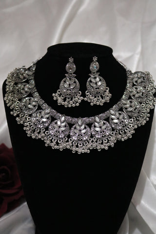 Tribal Oxidized Silver Afghani Turkish Choker Necklace & Earring Set