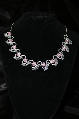 Pink Stone Designer Statement Necklace – Silver Plated AD Necklace Set | CZ Jewelry