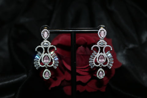 Pink Stone Designer Statement Necklace – Silver Plated AD Necklace Set | CZ Jewelry