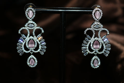 Pink Stone Designer Statement Necklace – Silver Plated AD Necklace Set | CZ Jewelry