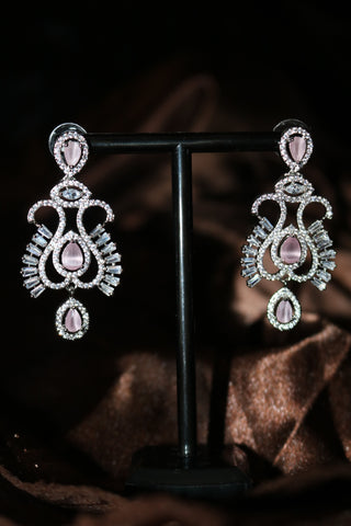 Pink Stone Designer Statement Necklace – Silver Plated AD Necklace Set | CZ Jewelry