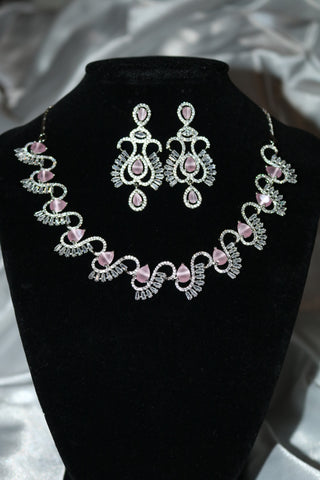 Pink Stone Designer Statement Necklace – Silver Plated AD Necklace Set | CZ Jewelry