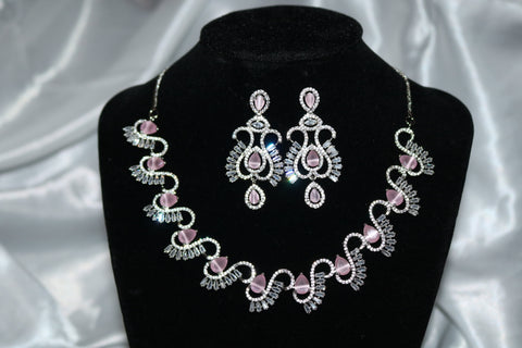 Pink Stone Designer Statement Necklace – Silver Plated AD Necklace Set | CZ Jewelry