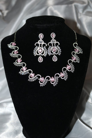 Pink Stone Designer Statement Necklace – Silver Plated AD Necklace Set | CZ Jewelry