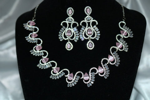 Pink Stone Designer Statement Necklace – Silver Plated AD Necklace Set | CZ Jewelry