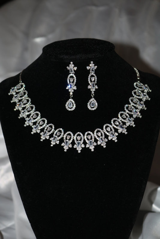 Silver CZ Necklace/ American Diamond Necklace Set