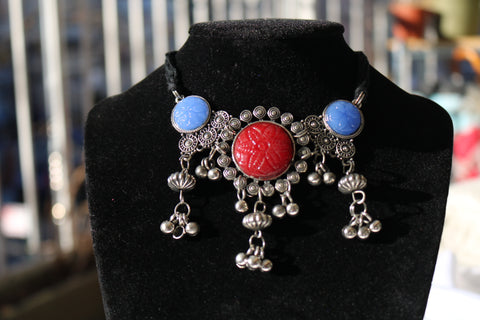 Multicolor Oxidized Silver-Toned Choker Necklace Set with Earrings
