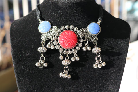Multicolor Oxidized Silver-Toned Choker Necklace Set with Earrings