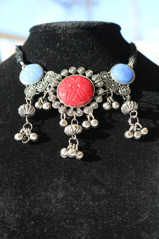 Multicolor Oxidized Silver-Toned Choker Necklace Set with Earrings