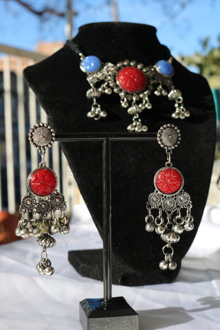 Multicolor Oxidized Silver-Toned Choker Necklace Set with Earrings