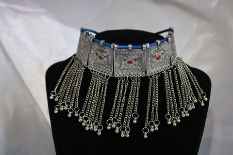 Silver Toned Multicolor Handcrafted Metal Choker Necklace with Matching Earrings