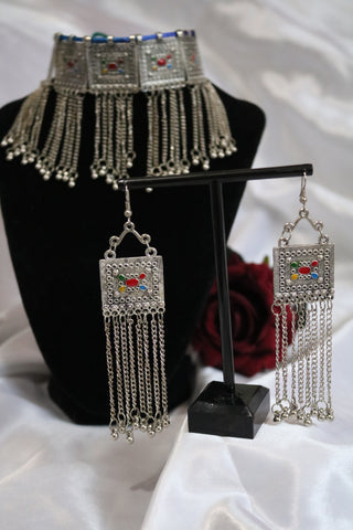 Silver Toned Multicolor Handcrafted Metal Choker Necklace with Matching Earrings