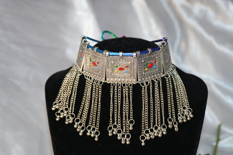 Silver Toned Multicolor Handcrafted Metal Choker Necklace with Matching Earrings