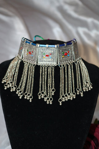Silver Toned Multicolor Handcrafted Metal Choker Necklace with Matching Earrings