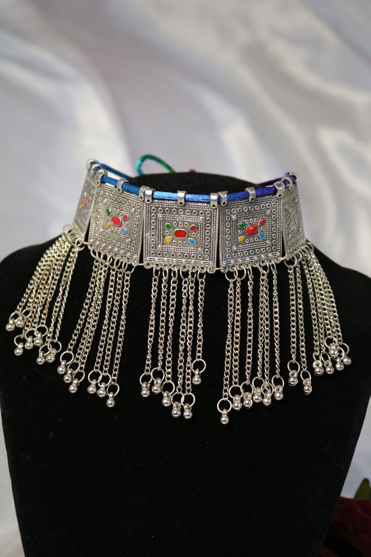 Silver Toned Multicolor Handcrafted Metal Choker Necklace with Matching Earrings