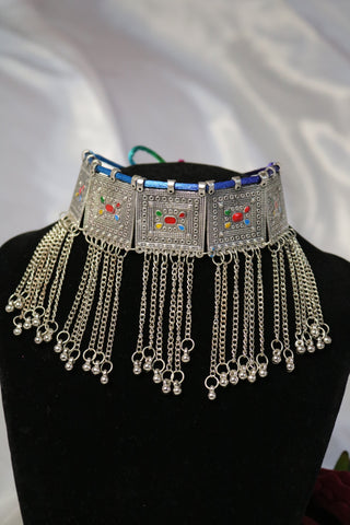 Silver Toned Multicolor Handcrafted Metal Choker Necklace with Matching Earrings