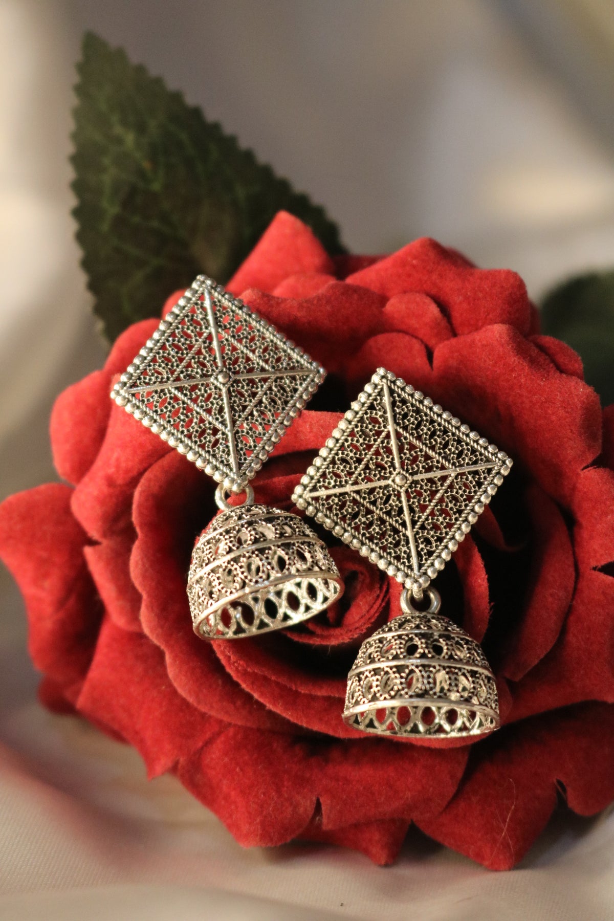 Diamond Shaped Oxidized German Silver Dangle Earrings
