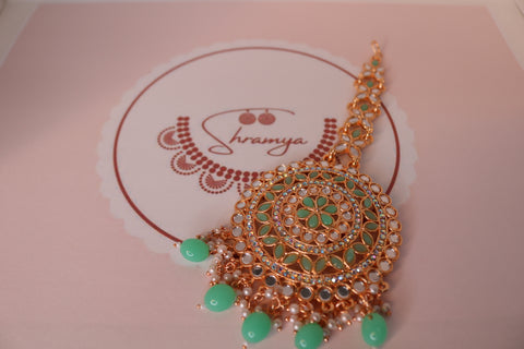 Big Polki Mint Green Kundan Maang Tikka - Traditional Bridal Jewelry