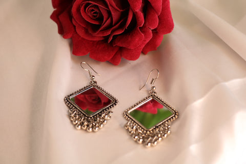 Diamond Shaped Oxidized German Silver Mirror Dangle Earrings