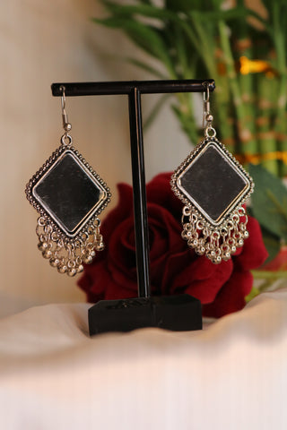 Diamond Shaped Oxidized German Silver Mirror Dangle Earrings