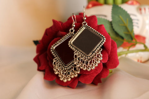 Diamond Shaped Oxidized German Silver Mirror Dangle Earrings