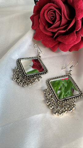 Diamond Shaped Oxidized German Silver Mirror Dangle Earrings