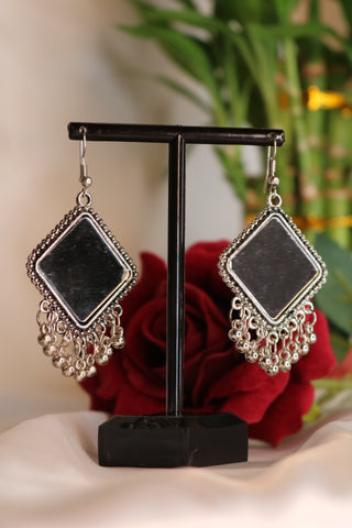 Diamond Shaped Oxidized German Silver Mirror Dangle Earrings