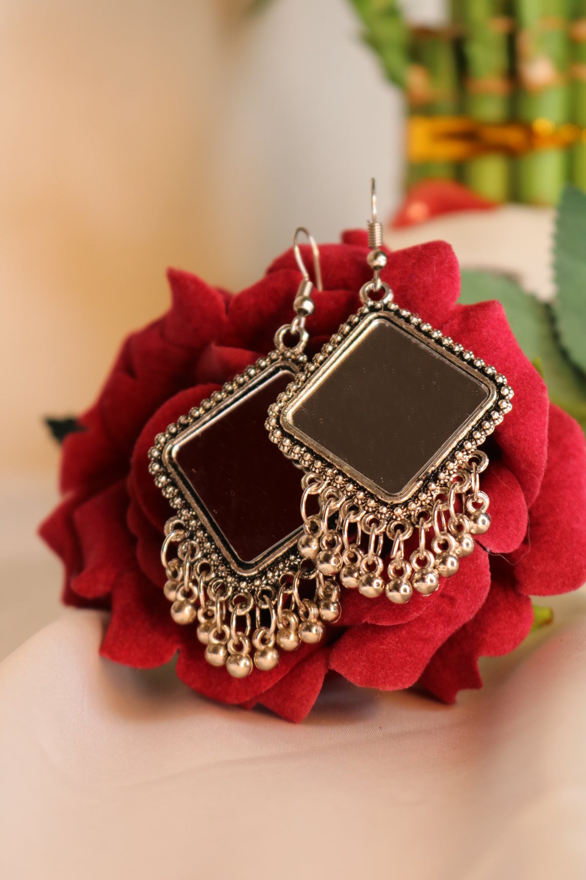 Diamond Shaped Oxidized German Silver Mirror Dangle Earrings
