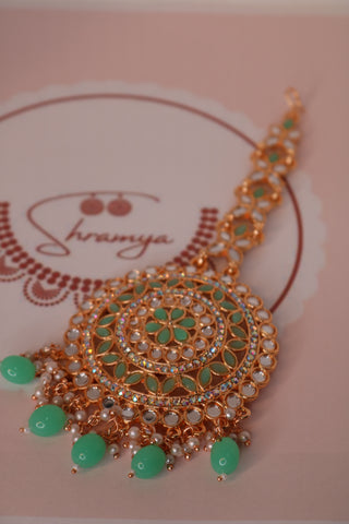 Big Polki Mint Green Kundan Maang Tikka - Traditional Bridal Jewelry