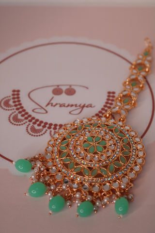 Big Polki Mint Green Kundan Maang Tikka - Traditional Bridal Jewelry
